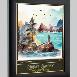 Travel Poster Framed art Great Smoky Mountains Trout Fishing16 x22 NEW